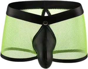 HSQSMWJ Men's See Through Sexy Mesh With Faux Leather Loose Shorts Pants Erotic Clubwear Bikinis Underwear Briefs