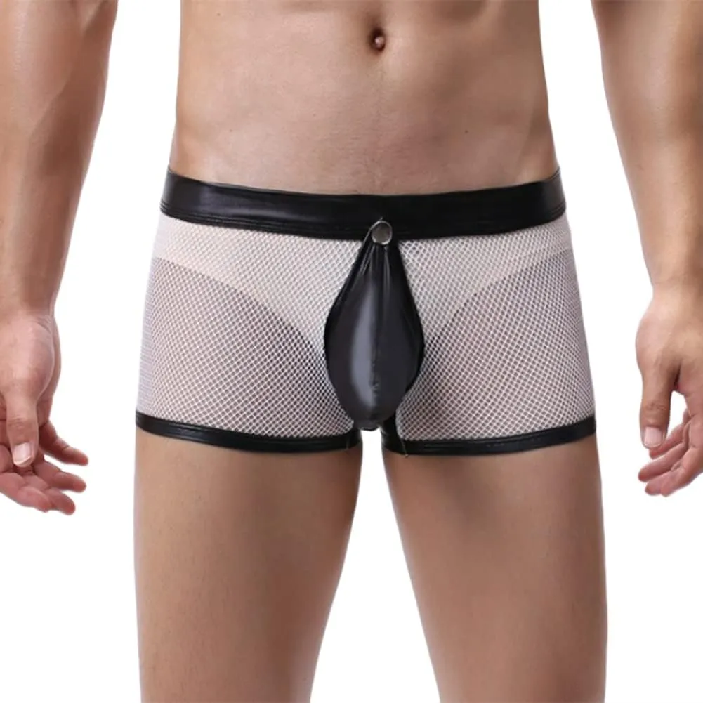 HSQSMWJ Men's See Through Sexy Mesh With Faux Leather Loose Shorts Pants Erotic Clubwear Bikinis Underwear Briefs