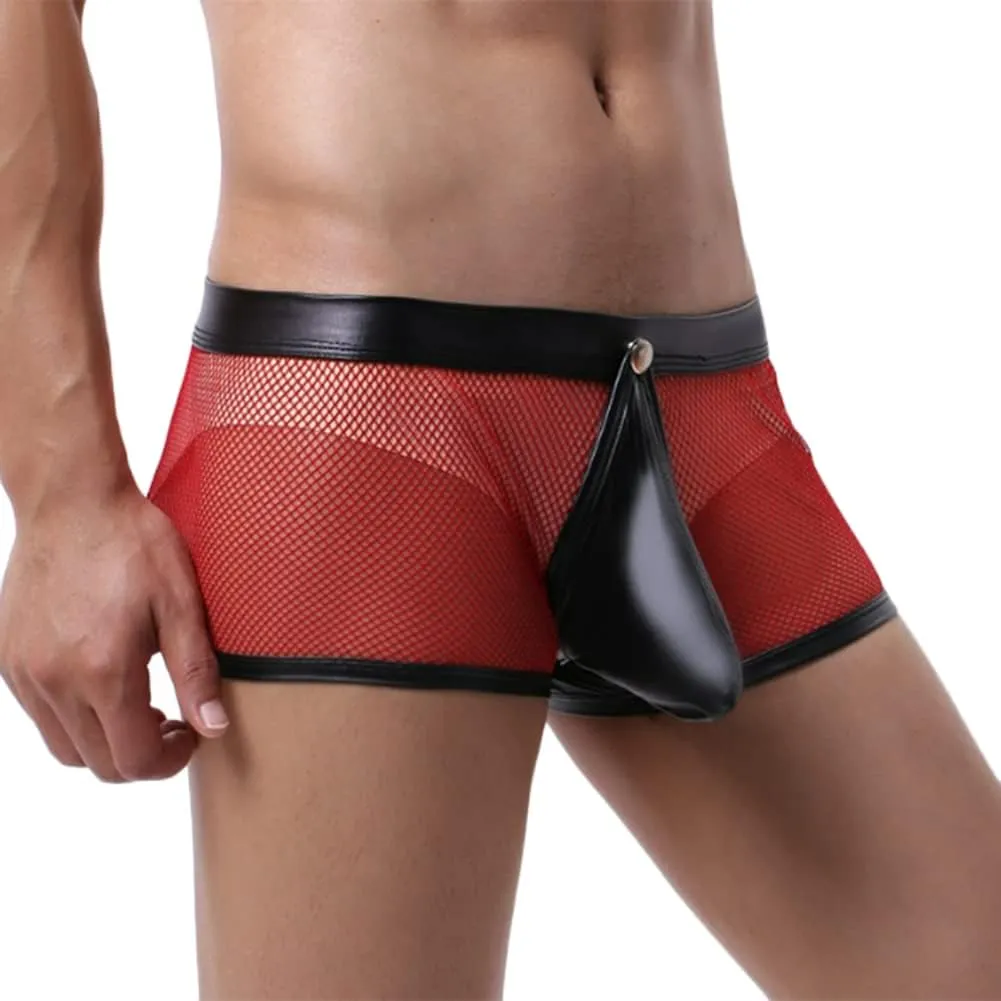 HSQSMWJ Men's See Through Sexy Mesh With Faux Leather Loose Shorts Pants Erotic Clubwear Bikinis Underwear Briefs