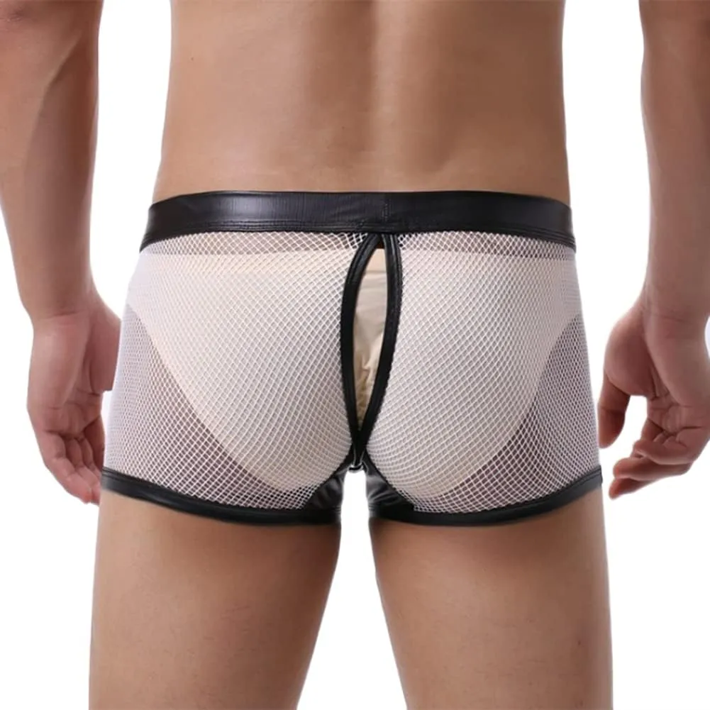 HSQSMWJ Men's See Through Sexy Mesh With Faux Leather Loose Shorts Pants Erotic Clubwear Bikinis Underwear Briefs