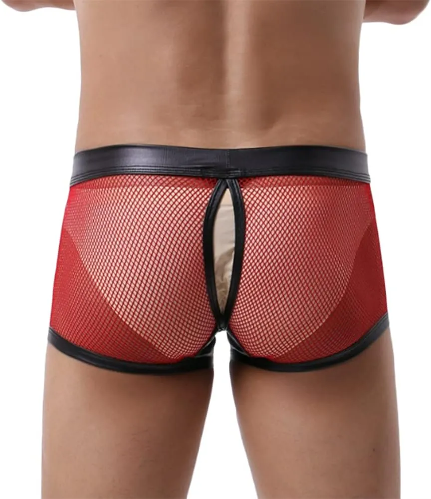 HSQSMWJ Men's See Through Sexy Mesh With Faux Leather Loose Shorts Pants Erotic Clubwear Bikinis Underwear Briefs