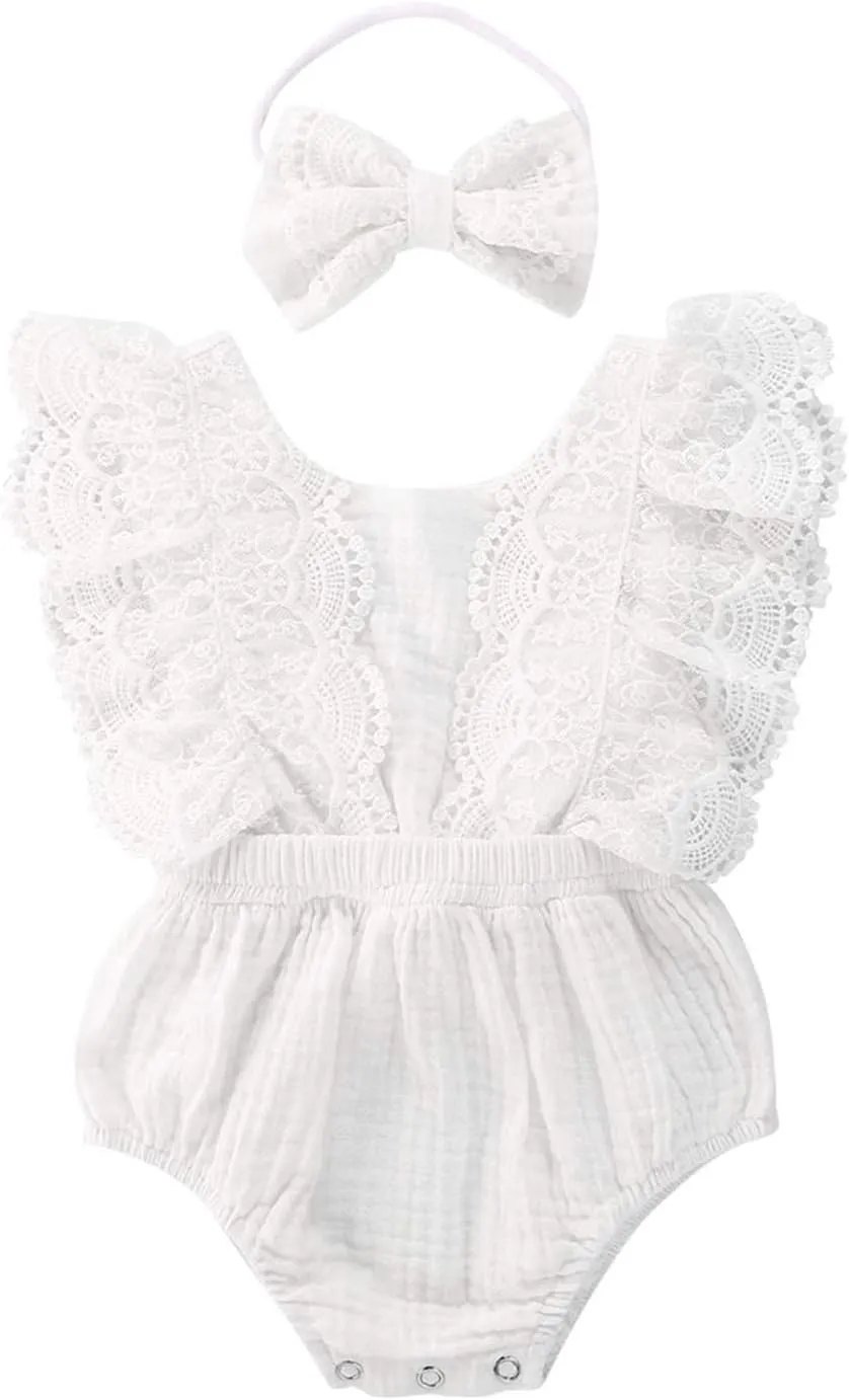 Infant Baby Girl Lace Rompers V-Back Bowknot Bodysuit Cute Newborn Ruffle Clothes White