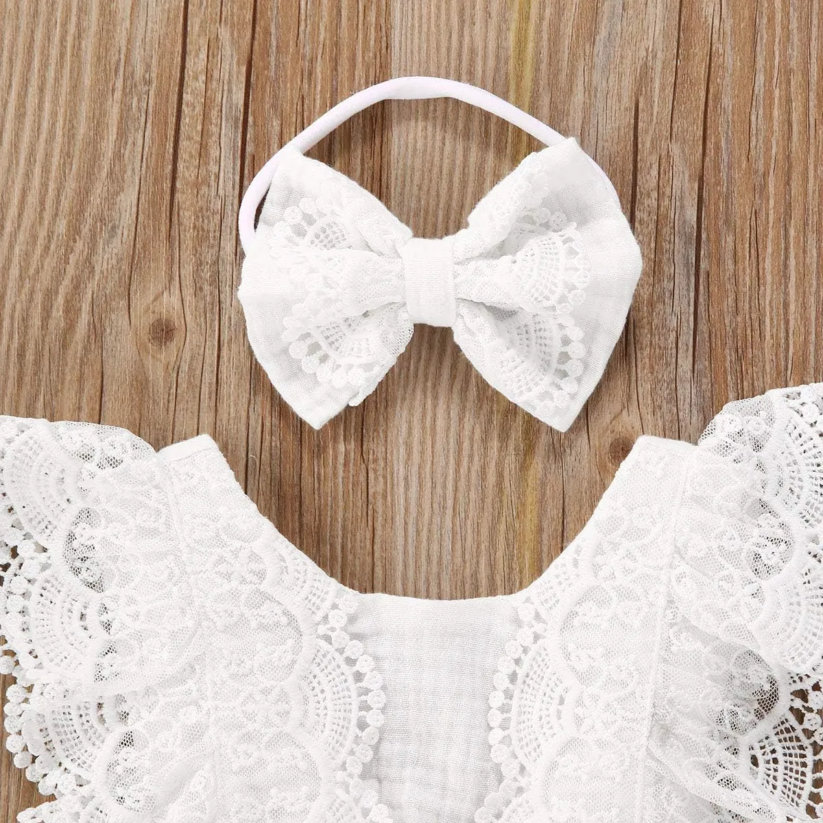 Infant Baby Girl Lace Rompers V-Back Bowknot Bodysuit Cute Newborn Ruffle Clothes White