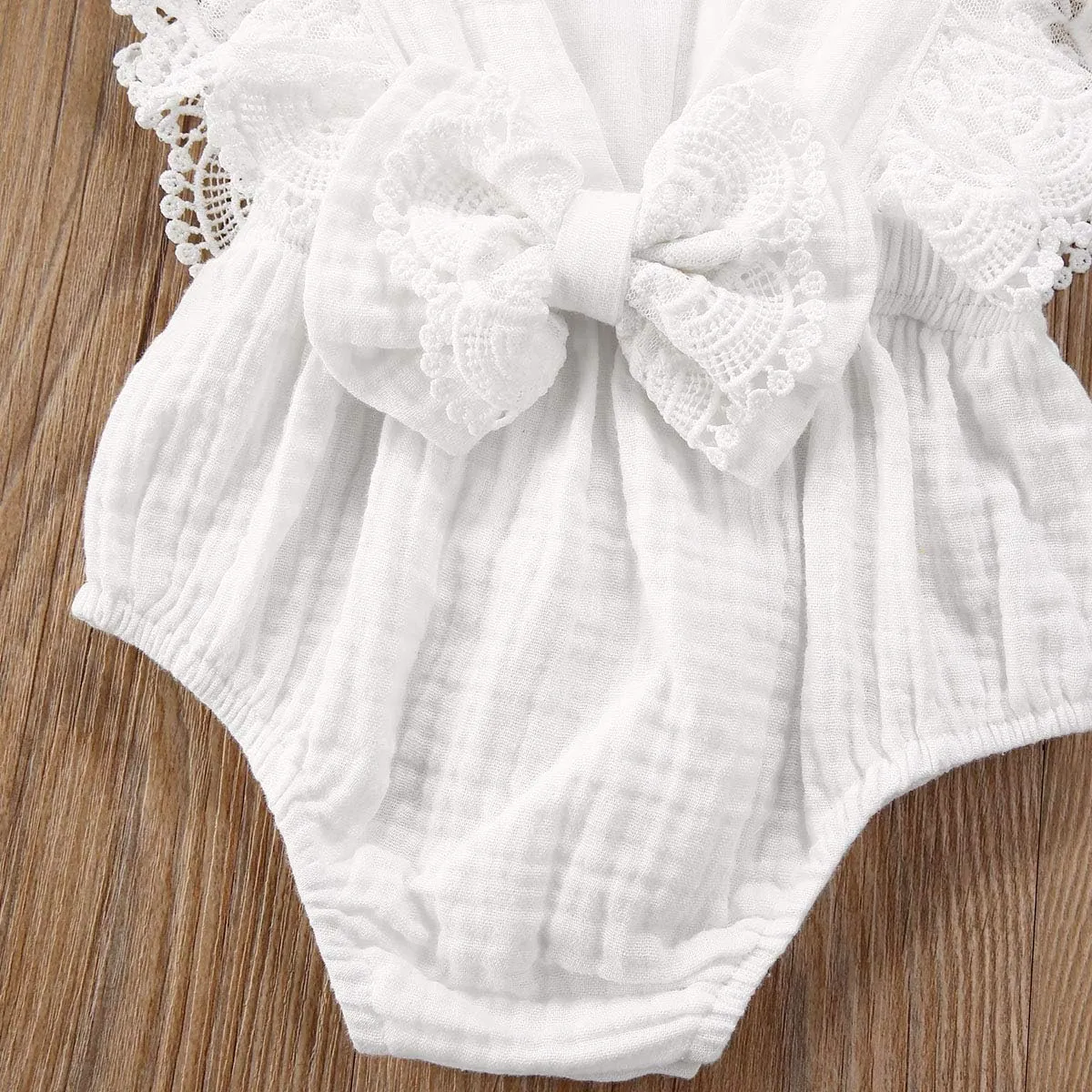 Infant Baby Girl Lace Rompers V-Back Bowknot Bodysuit Cute Newborn Ruffle Clothes White