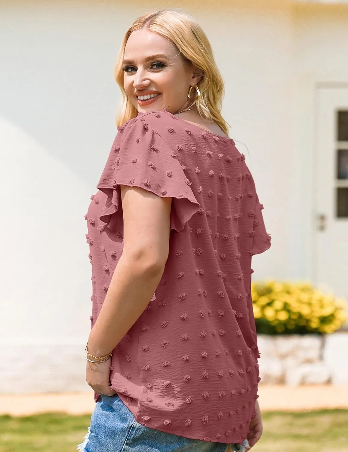 IN'VOLAND Womens Plus Size White Blouse Dressy V Neck Cute Ruffle Sleeve Summer Tops Flowy Pom Pom Tshirts