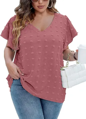 IN'VOLAND Womens Plus Size White Blouse Dressy V Neck Cute Ruffle Sleeve Summer Tops Flowy Pom Pom Tshirts