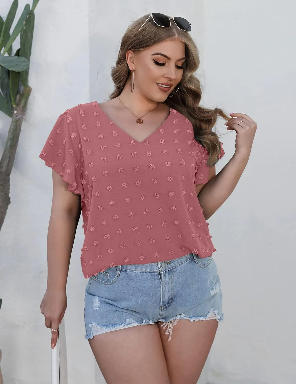 IN'VOLAND Womens Plus Size White Blouse Dressy V Neck Cute Ruffle Sleeve Summer Tops Flowy Pom Pom Tshirts