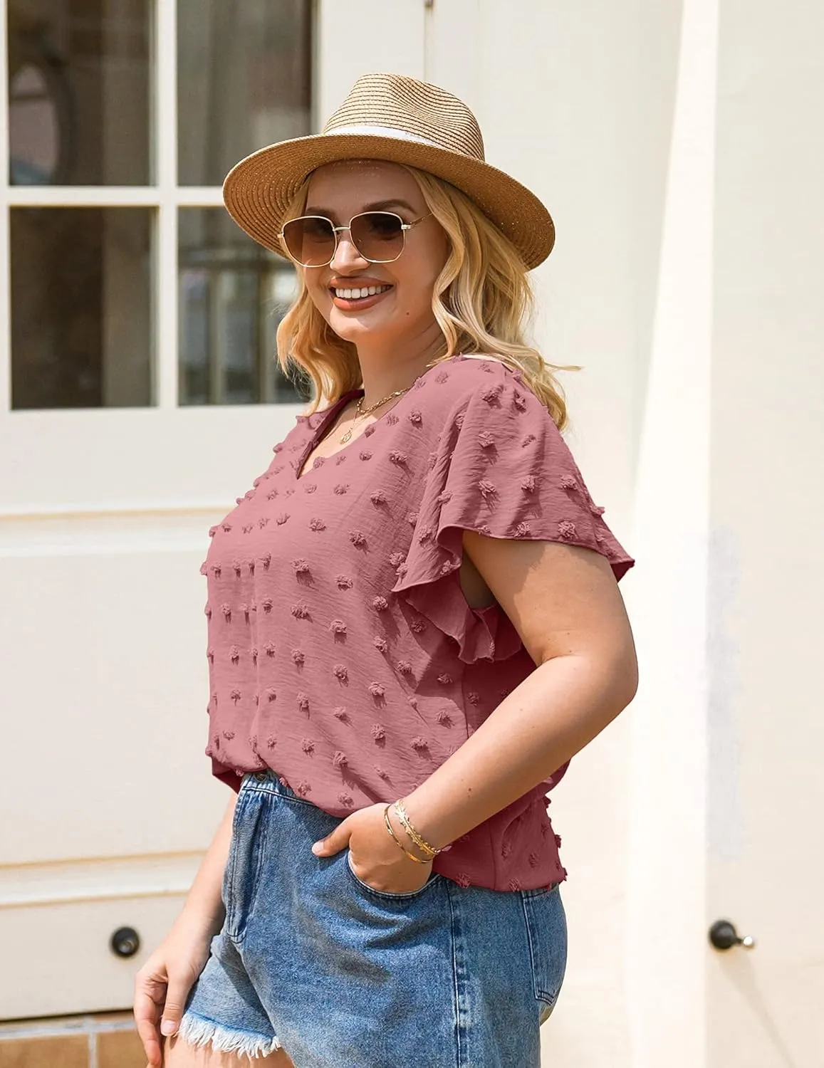 IN'VOLAND Womens Plus Size White Blouse Dressy V Neck Cute Ruffle Sleeve Summer Tops Flowy Pom Pom Tshirts