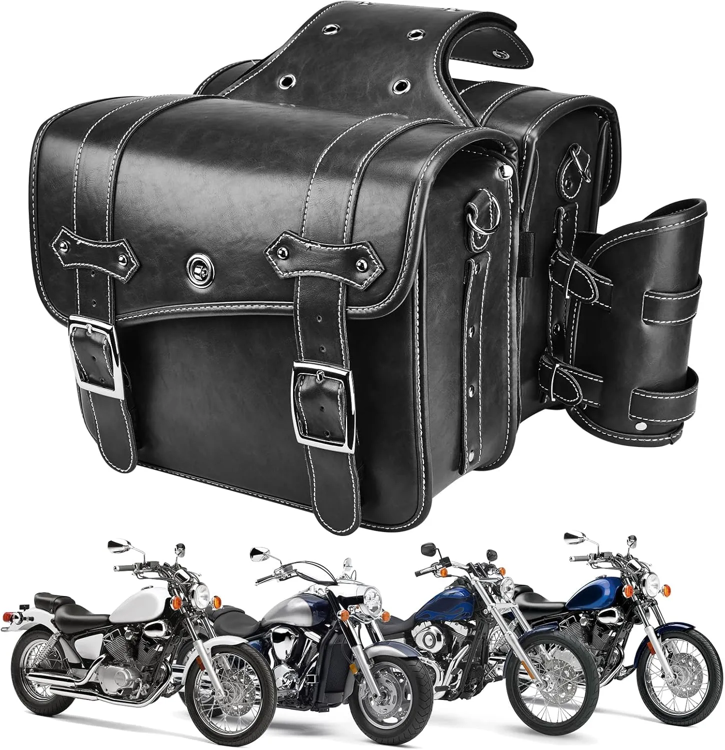 KEMIMOTO Leather Motorcycle Saddlebags Throw Over Saddle Bag with Cup Holder for Universal Motorcycle Softail Dyna Sportster Road King Rebel V-star Shadow Vulcan