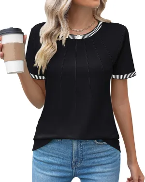 Kistore Womens Casual Crew Neck Short Sleeve Pleated Tops Blouses Fashion Clothes 2025