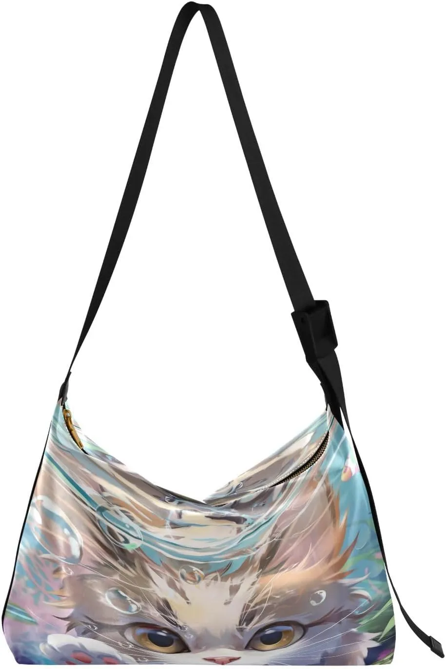 Kitten Dived Into The Sea Hobo Crossbody Bags for Women Leather Large Shoulder Bag Cross Body Trendy Womens Tote Bags Handbag for Travel Shopping