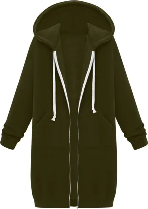 Knee Length Hoodies for Women Zip Up Hoodie Fashion Long Sleeve Sweatshirts Casual Fall Hooded Jackets with Pockets