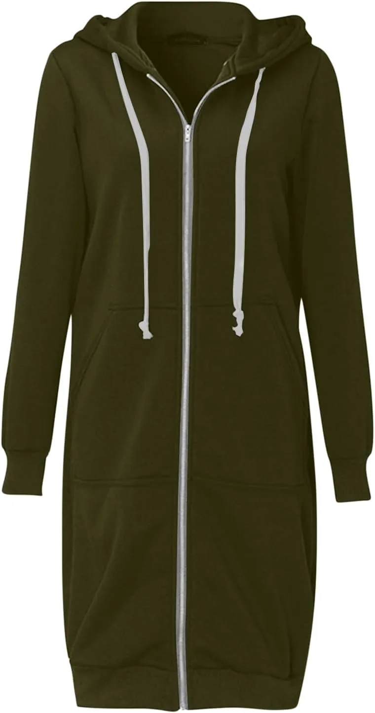 Knee Length Hoodies for Women Zip Up Hoodie Fashion Long Sleeve Sweatshirts Casual Fall Hooded Jackets with Pockets