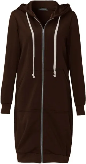 Knee Length Hoodies for Women Zip Up Hoodie Fashion Long Sleeve Sweatshirts Casual Fall Hooded Jackets with Pockets