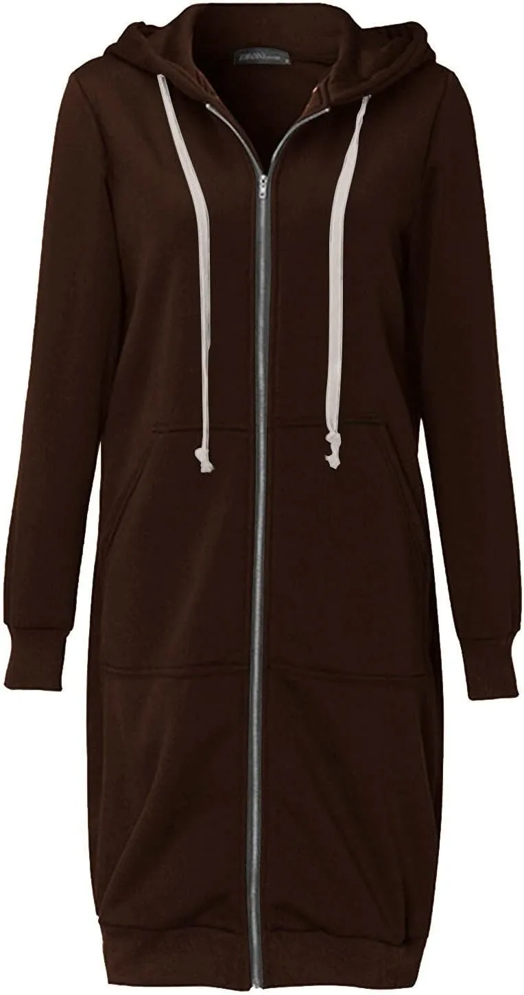 Knee Length Hoodies for Women Zip Up Hoodie Fashion Long Sleeve Sweatshirts Casual Fall Hooded Jackets with Pockets
