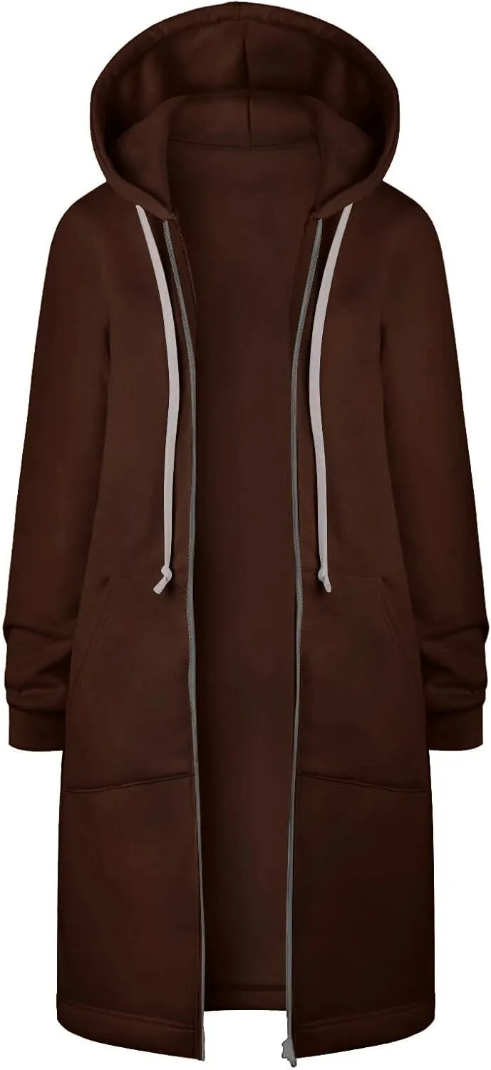 Knee Length Hoodies for Women Zip Up Hoodie Fashion Long Sleeve Sweatshirts Casual Fall Hooded Jackets with Pockets