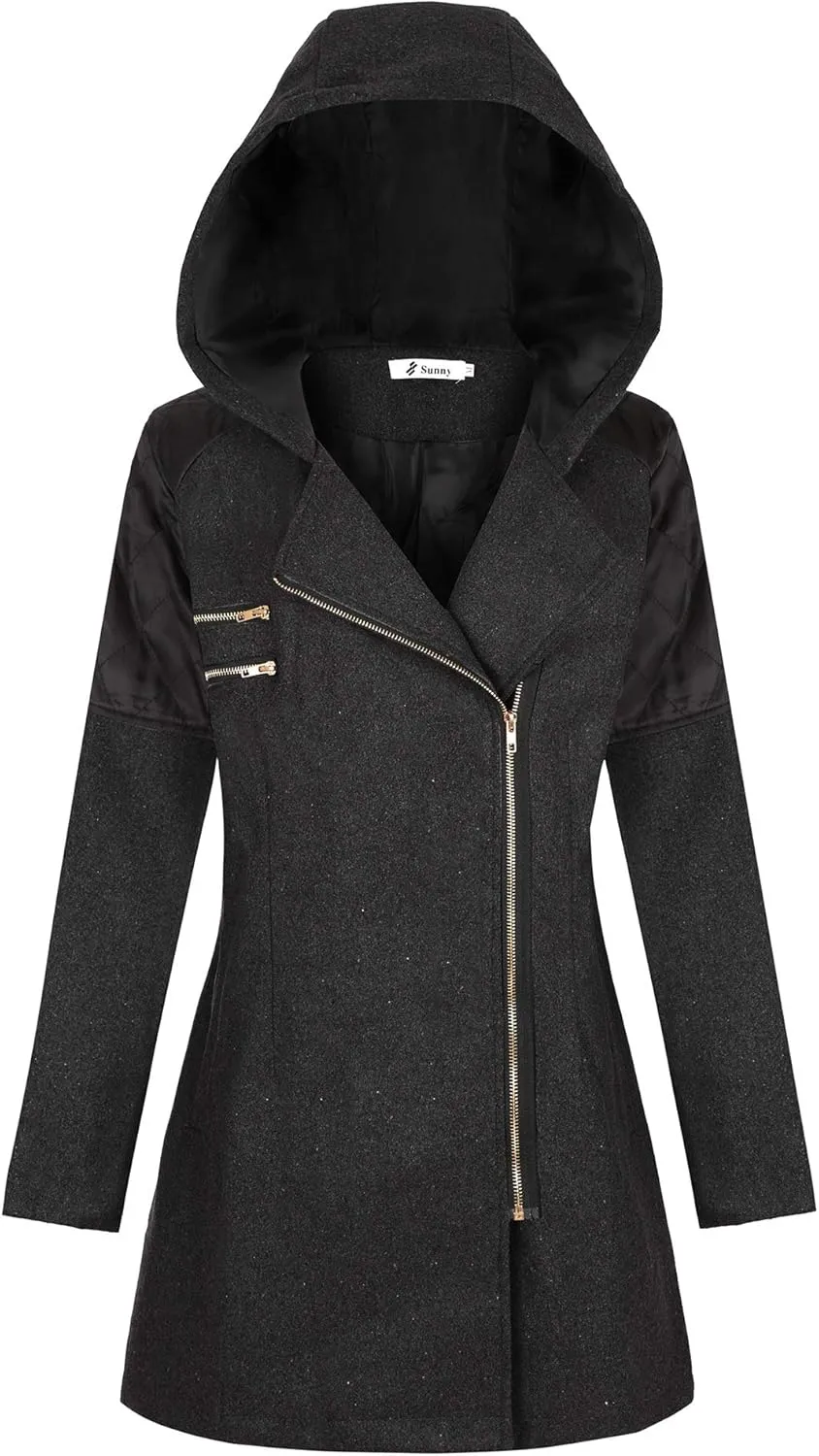 Kubbon Women Wool Blend Jacket Oversized Zip Up Long Sleeve Pea Coat Elegant Lapel Open Front Trench Coat with Pockets