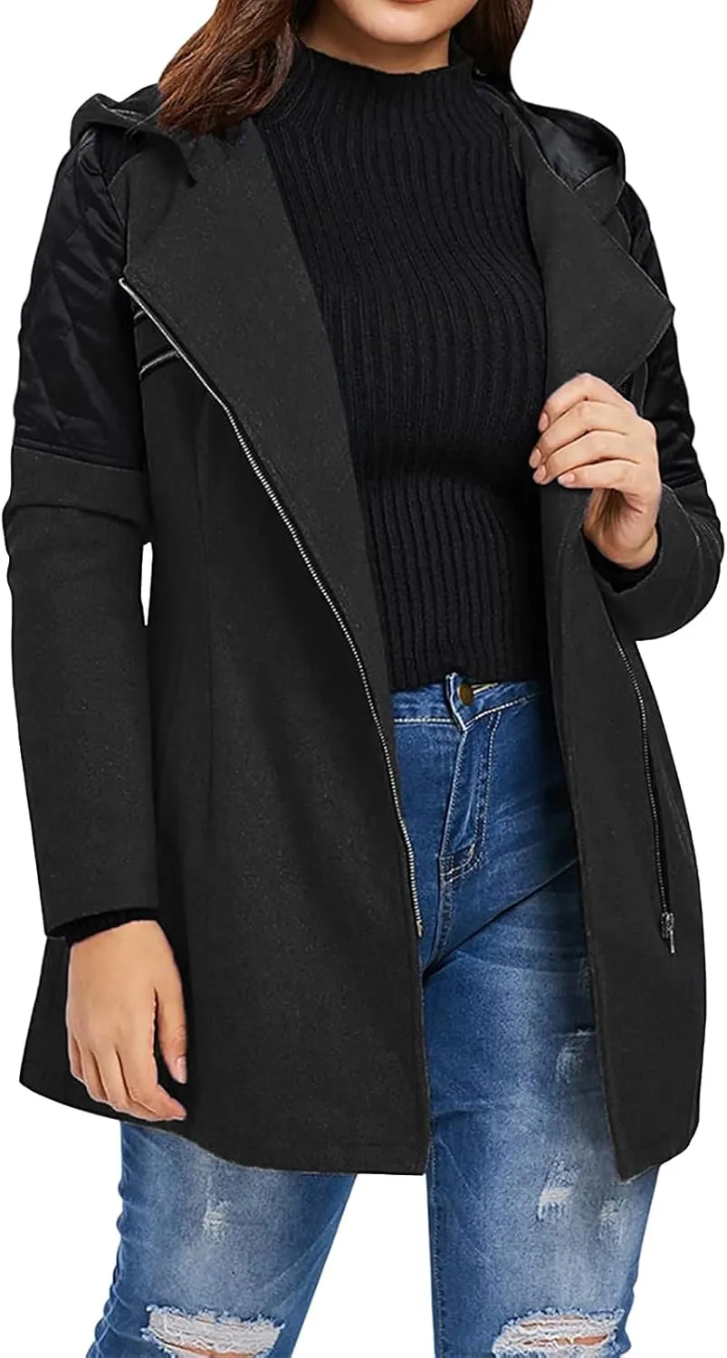 Kubbon Women Wool Blend Jacket Oversized Zip Up Long Sleeve Pea Coat Elegant Lapel Open Front Trench Coat with Pockets