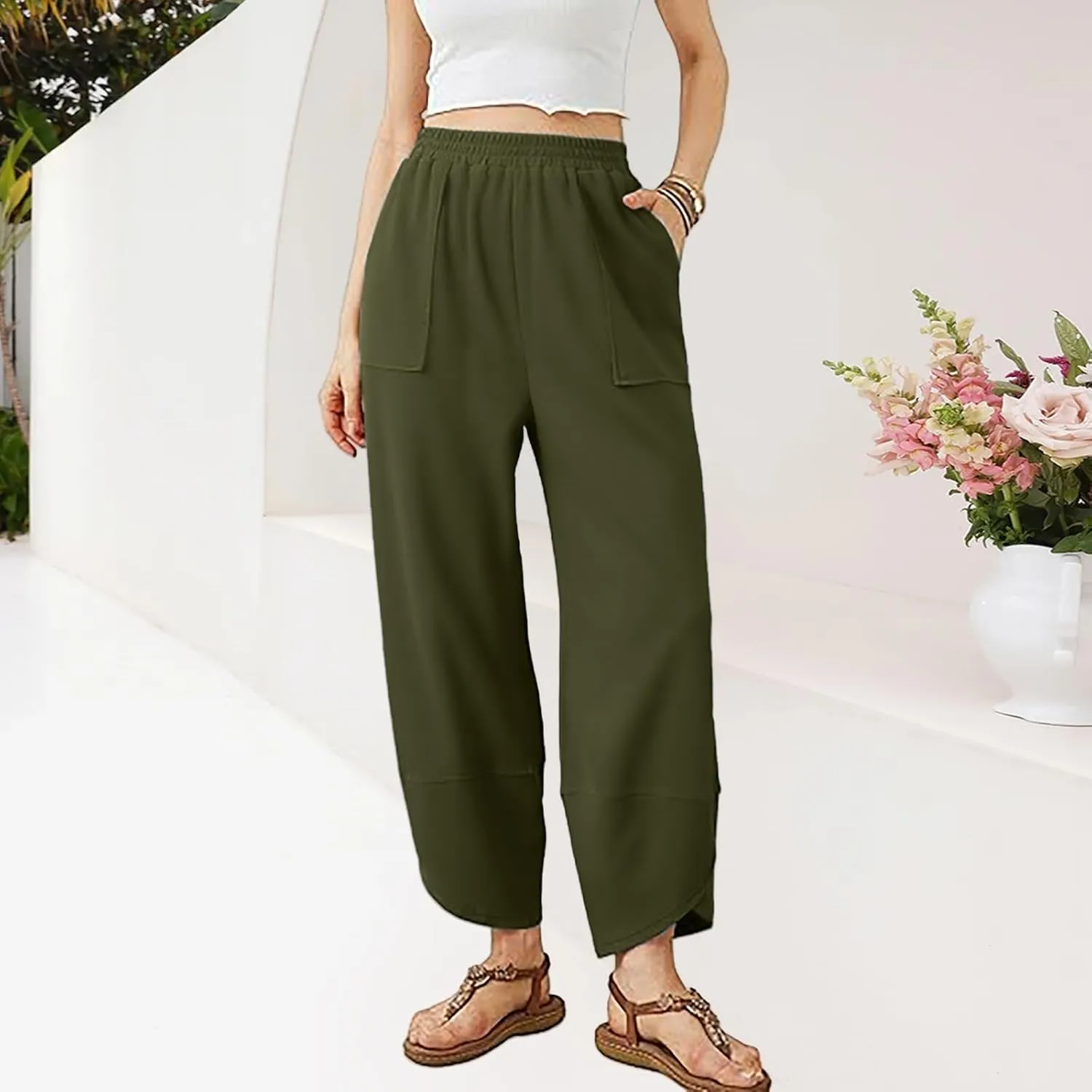 Kubbon Womens Harem Pants Elastic Waisted Sweatpants Casual Baggy Solid Color Lounge Pant Athletic Trousers with Pockets