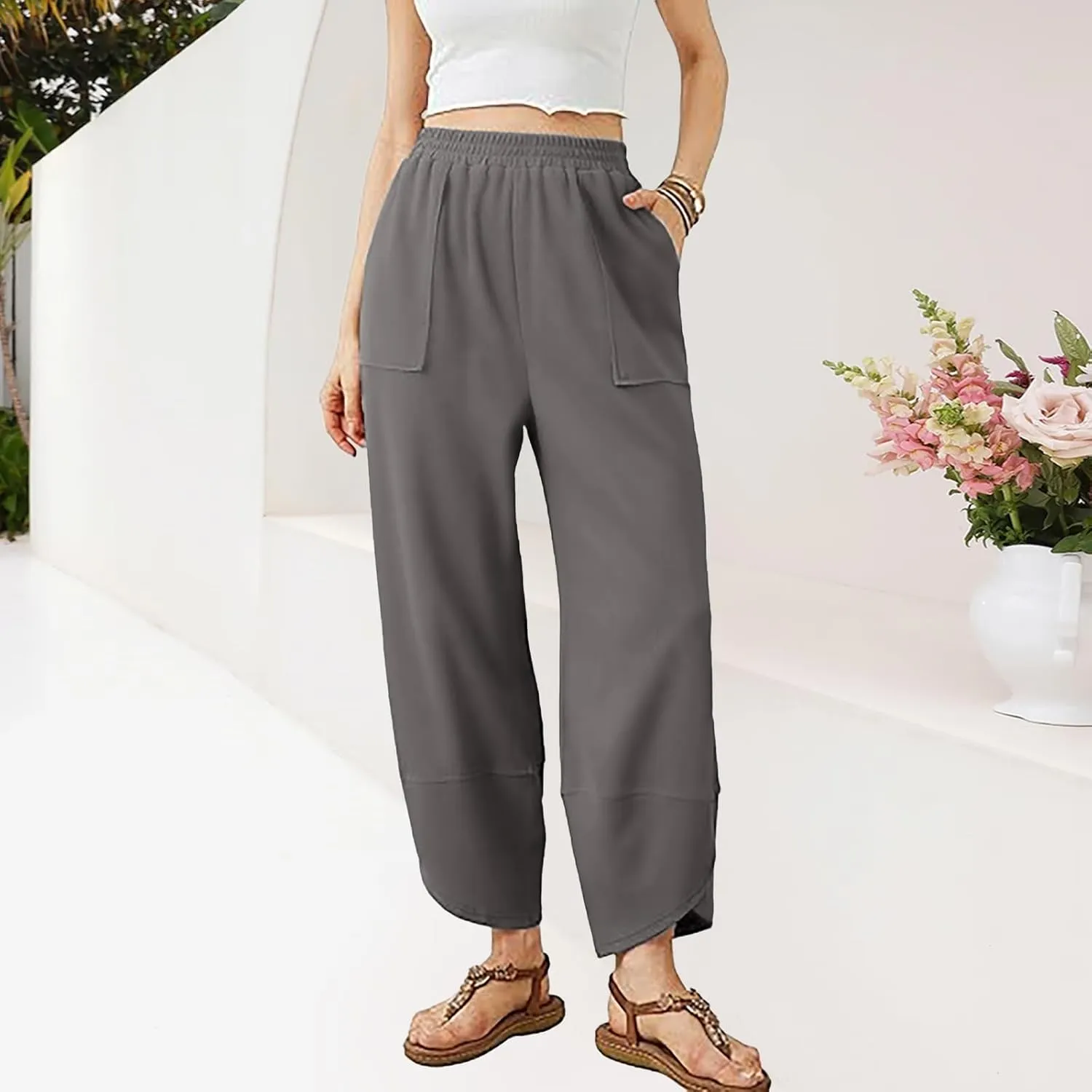 Kubbon Womens Harem Pants Elastic Waisted Sweatpants Casual Baggy Solid Color Lounge Pant Athletic Trousers with Pockets