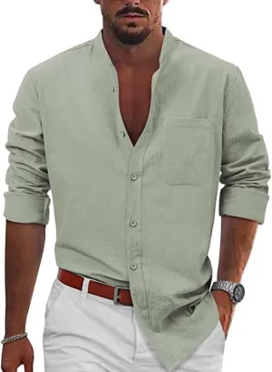 KUIOLYPOER Button Down Linen Shirts for Men Solid Color Casual Long Sleeve Regular Fit Cotton Beach Shirts with Pocket