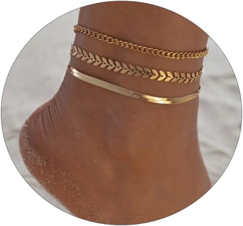 Kyerlyn Dainty Simple Chain Anklet for Women 18k Gold/Silver Plated Summer Beach Beaded Evil Eye Moon Figaro Butterfly Satellite Cuban Pearl Flat Marina Anklet Gift