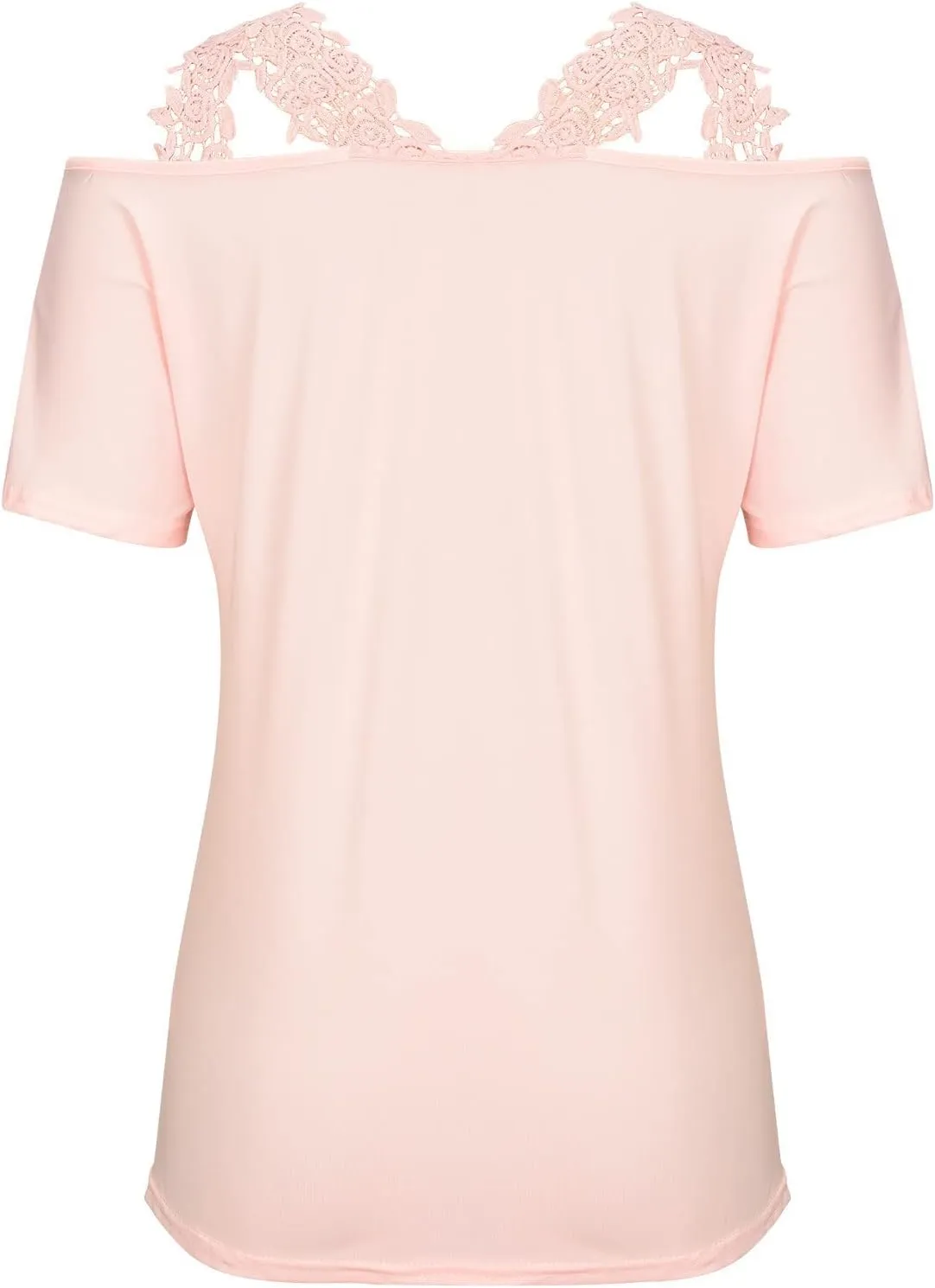 Lace Crochet Cold Shoulder Tops for Women Trendy Summer Short Sleeve Tunic Shirts Casual Loose Strappy Blouses