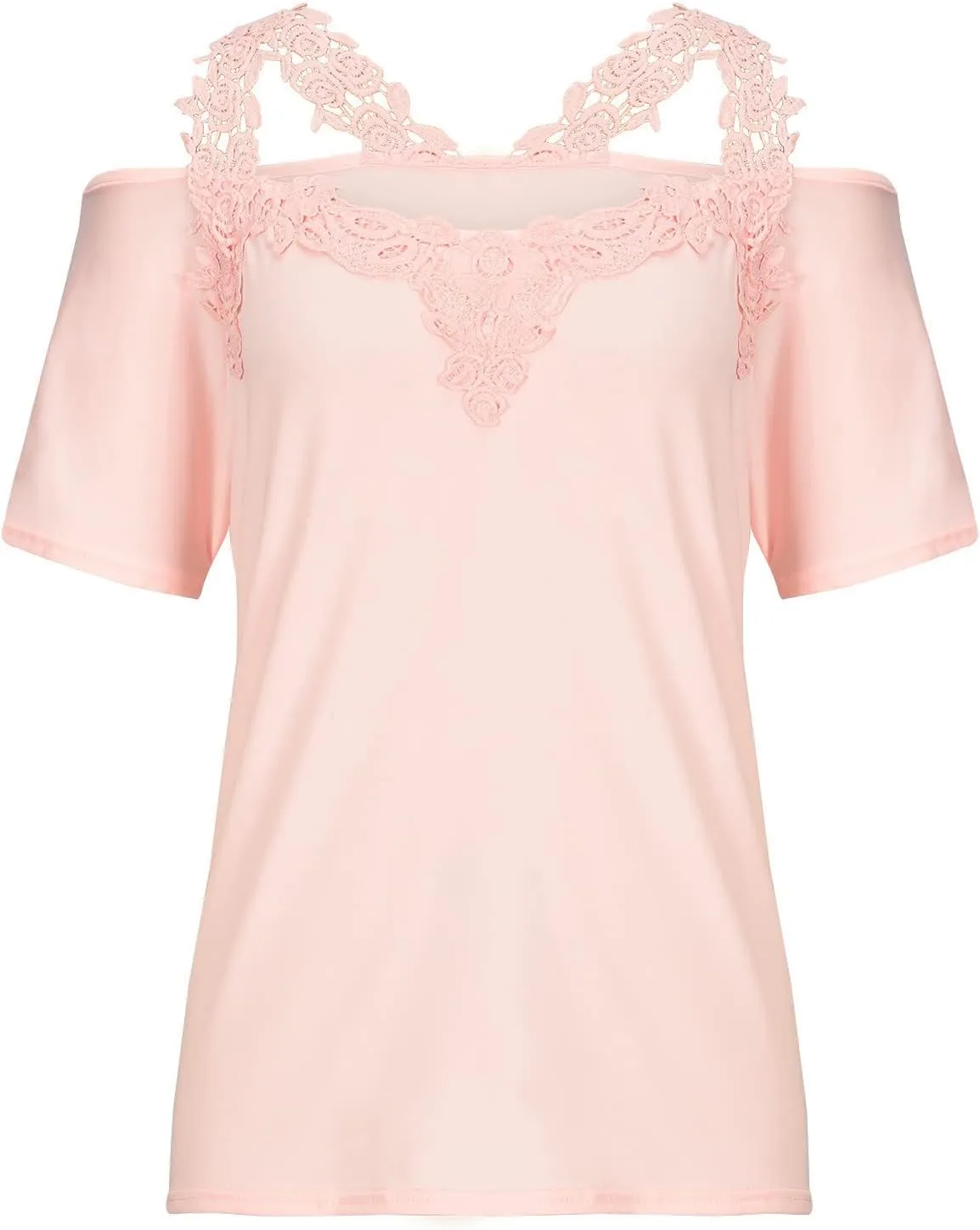 Lace Crochet Cold Shoulder Tops for Women Trendy Summer Short Sleeve Tunic Shirts Casual Loose Strappy Blouses