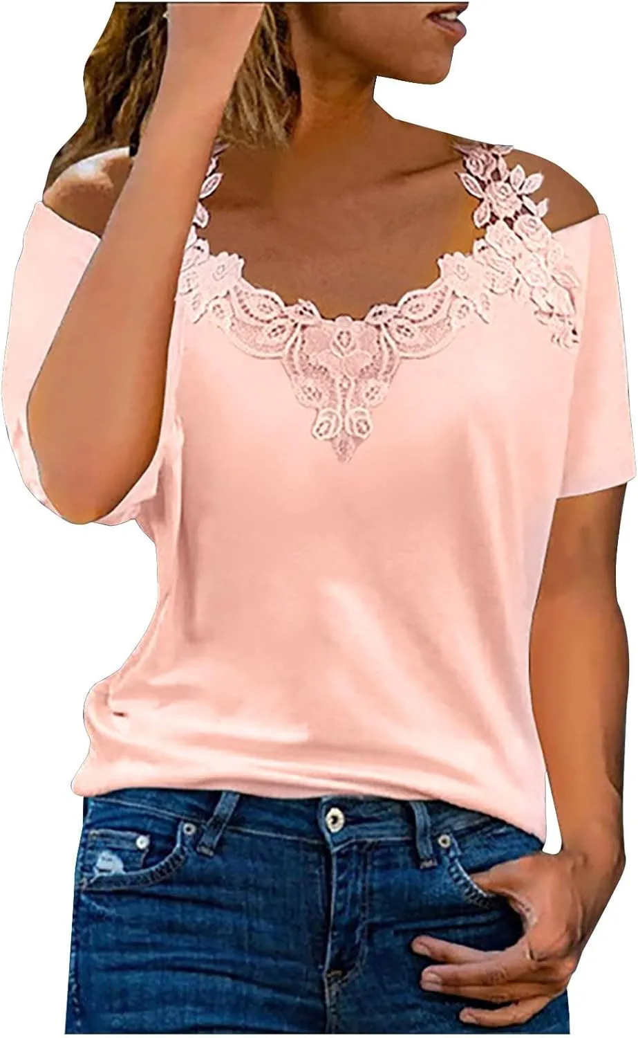 Lace Crochet Cold Shoulder Tops for Women Trendy Summer Short Sleeve Tunic Shirts Casual Loose Strappy Blouses