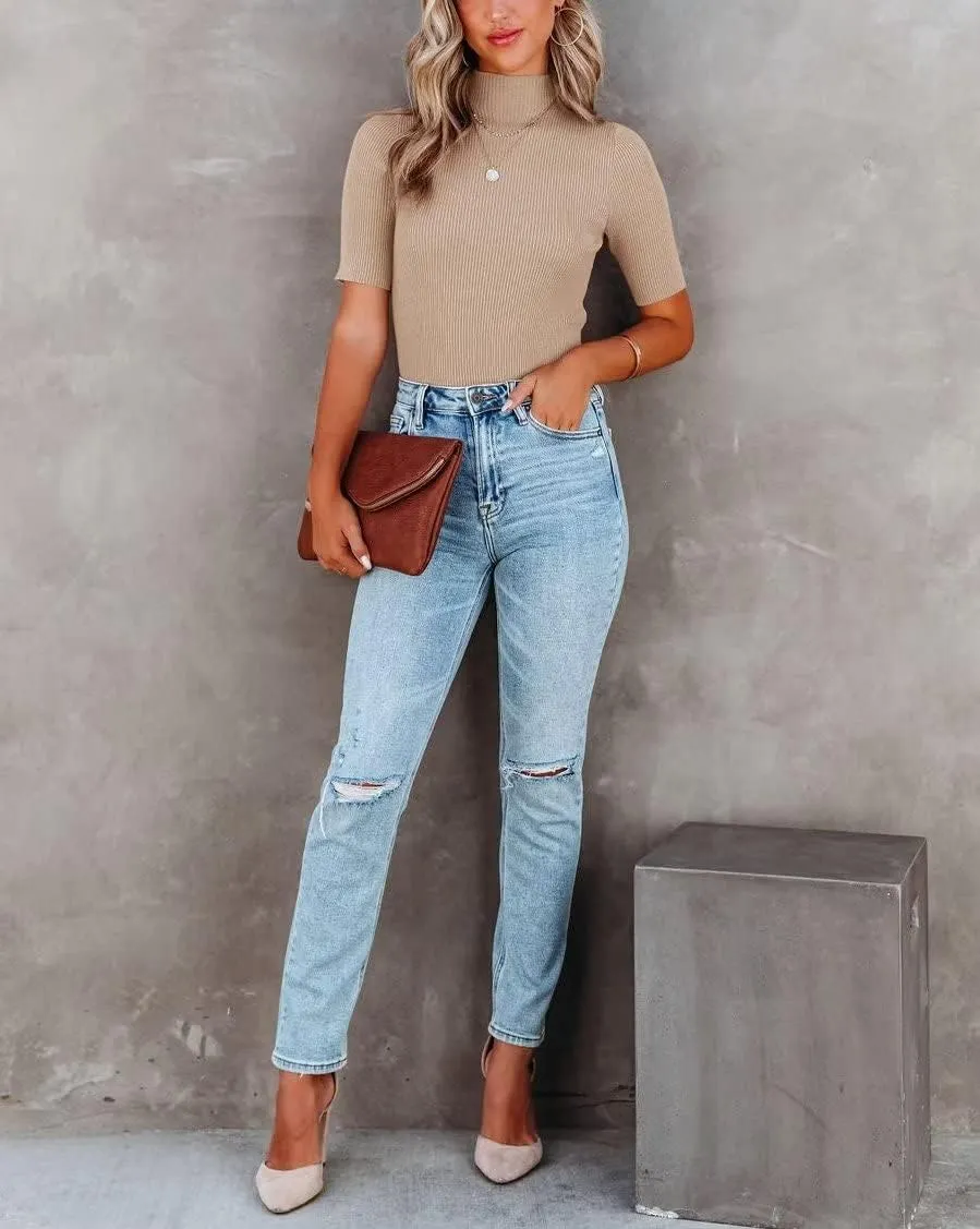 Lacozy Women Casual Basic Mock Neck Top Short Sleeve Shirt Slim Fit Ribbed Knit Pullover Sweater