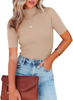 Lacozy Women Casual Basic Mock Neck Top Short Sleeve Shirt Slim Fit Ribbed Knit Pullover Sweater