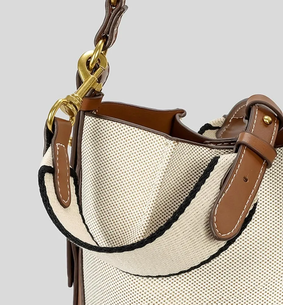 Large Capacity Handbag for Women's Wide Shoulder Strap Single Shoulder Handbag Canvas Crossbody Bag Corset Mouth Bucket Bag