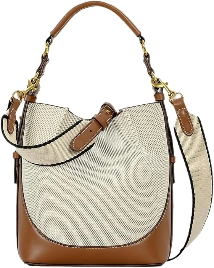 Large Capacity Handbag for Women's Wide Shoulder Strap Single Shoulder Handbag Canvas Crossbody Bag Corset Mouth Bucket Bag