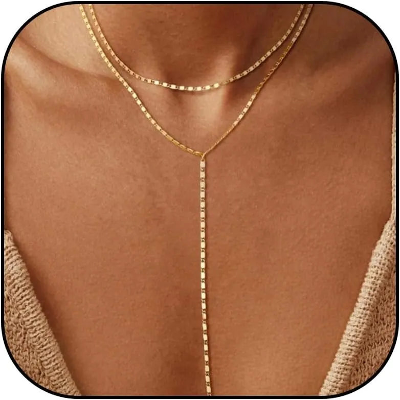 Lariat Gold Necklace for Women Layered Long Necklaces Layer Sequin Twist Chain Rhinestone Teardrop Y Necklaces Dainty Necklace for Women Simple Jewelry Gifts