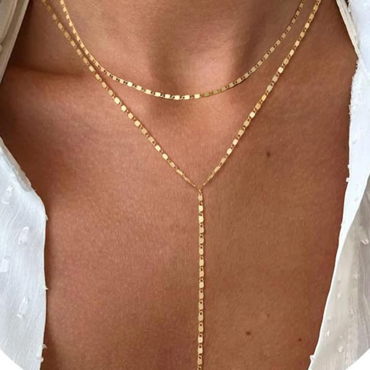 Lariat Gold Necklace for Women Layered Long Necklaces Layer Sequin Twist Chain Rhinestone Teardrop Y Necklaces Dainty Necklace for Women Simple Jewelry Gifts