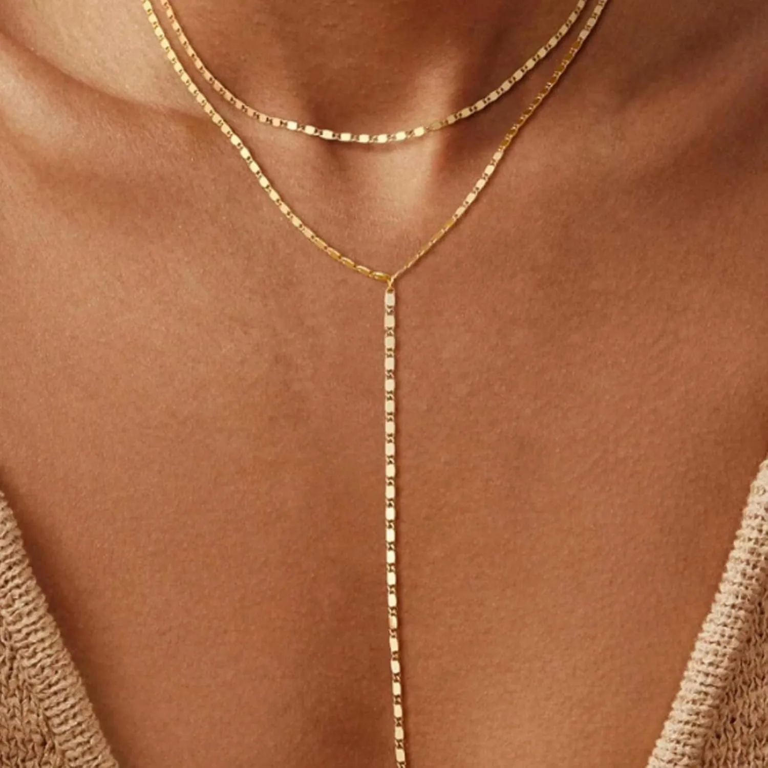 Lariat Gold Necklace for Women Layered Long Necklaces Layer Sequin Twist Chain Rhinestone Teardrop Y Necklaces Dainty Necklace for Women Simple Jewelry Gifts
