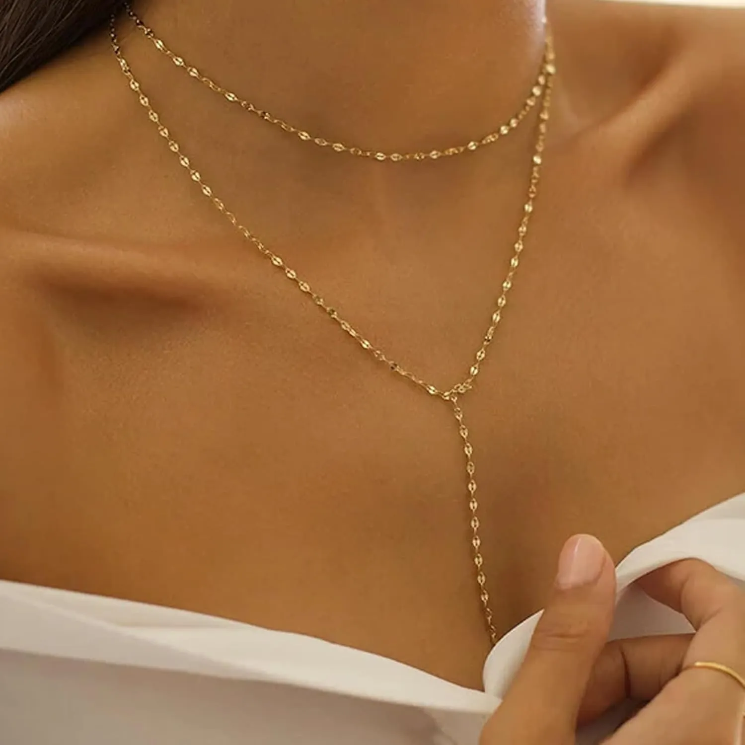 Lariat Gold Necklace for Women Layered Long Necklaces Layer Sequin Twist Chain Rhinestone Teardrop Y Necklaces Dainty Necklace for Women Simple Jewelry Gifts