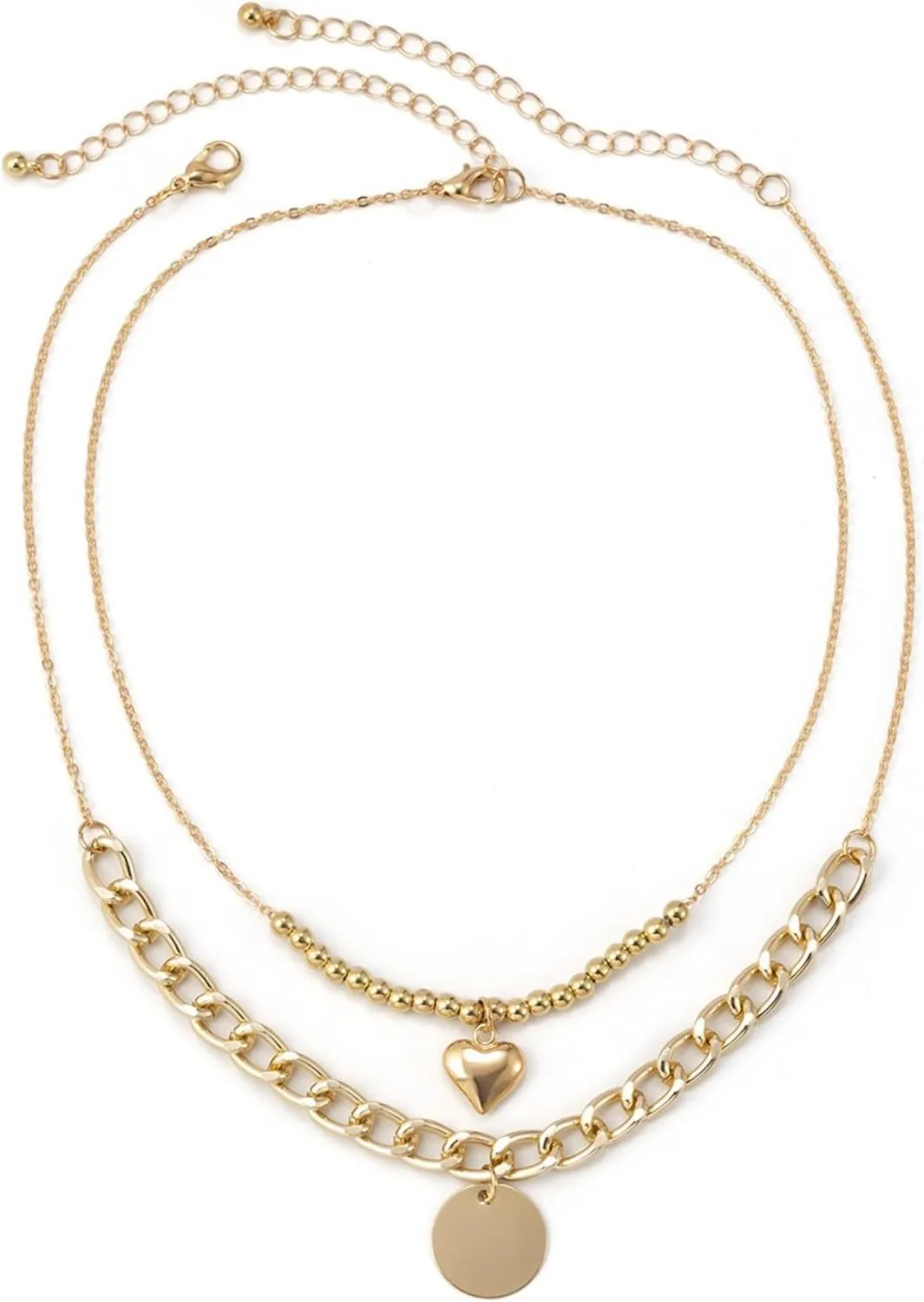 Layered Choker Necklace, Layered Necklaces for Women Heart Shaped Disc Pendant Chain Necklaces for Women Girls, 2 Pieces