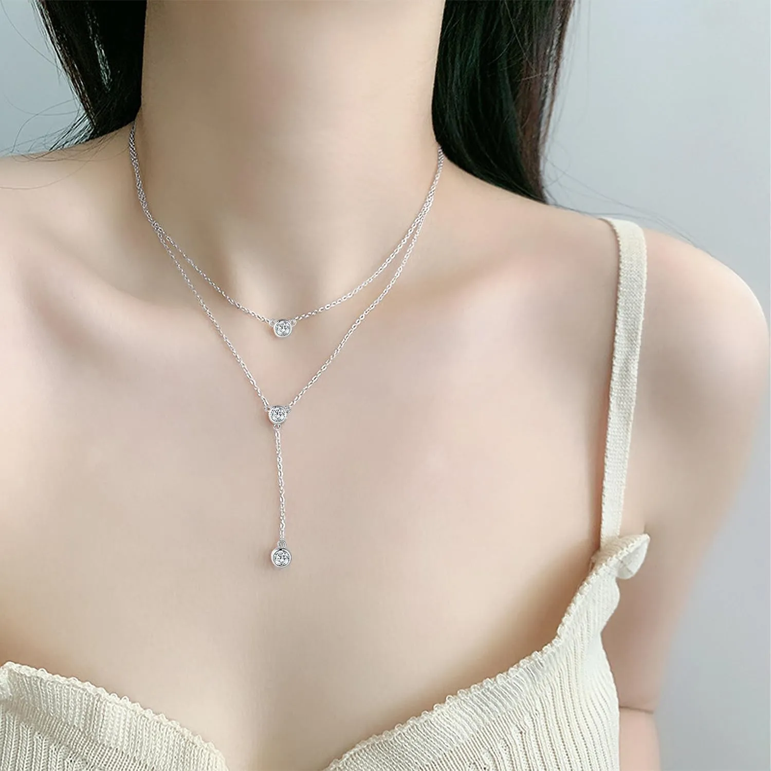 Layered Necklace 925 Sterling Silver Love Heart Cross Multilayer Adjustable Y Layered Chain Pendant Necklaces Jewelry for Women