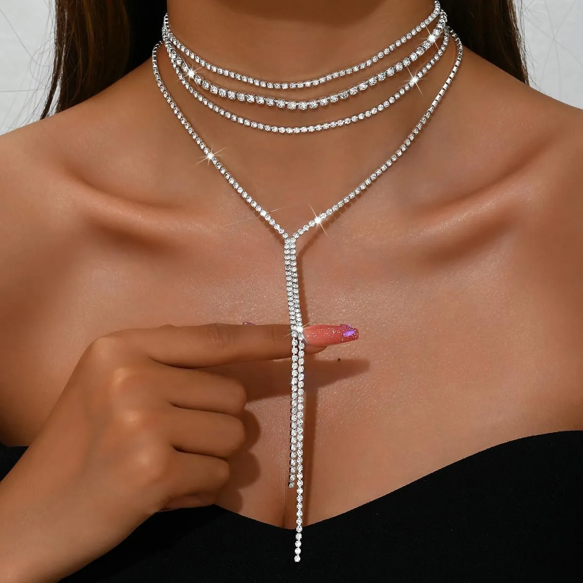 Layered Sexy Choker Necklace Rhinestone Statement Necklace Multilayered Y Long Rhinestones Choker Necklaces Long Layered Necklaces for Women