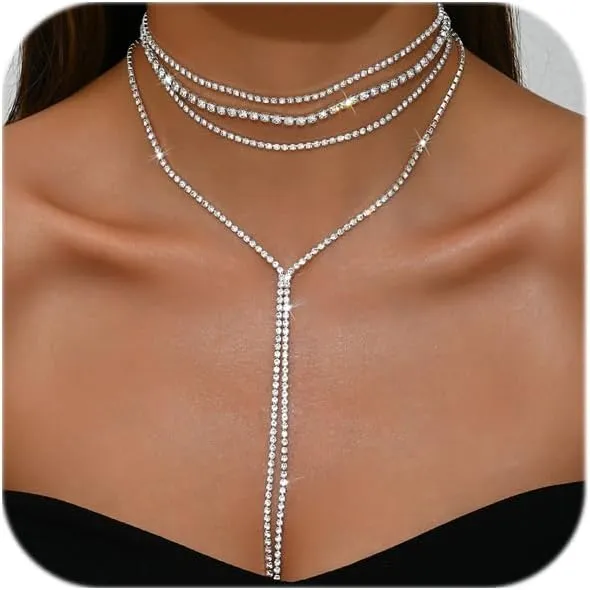 Layered Sexy Choker Necklace Rhinestone Statement Necklace Multilayered Y Long Rhinestones Choker Necklaces Long Layered Necklaces for Women