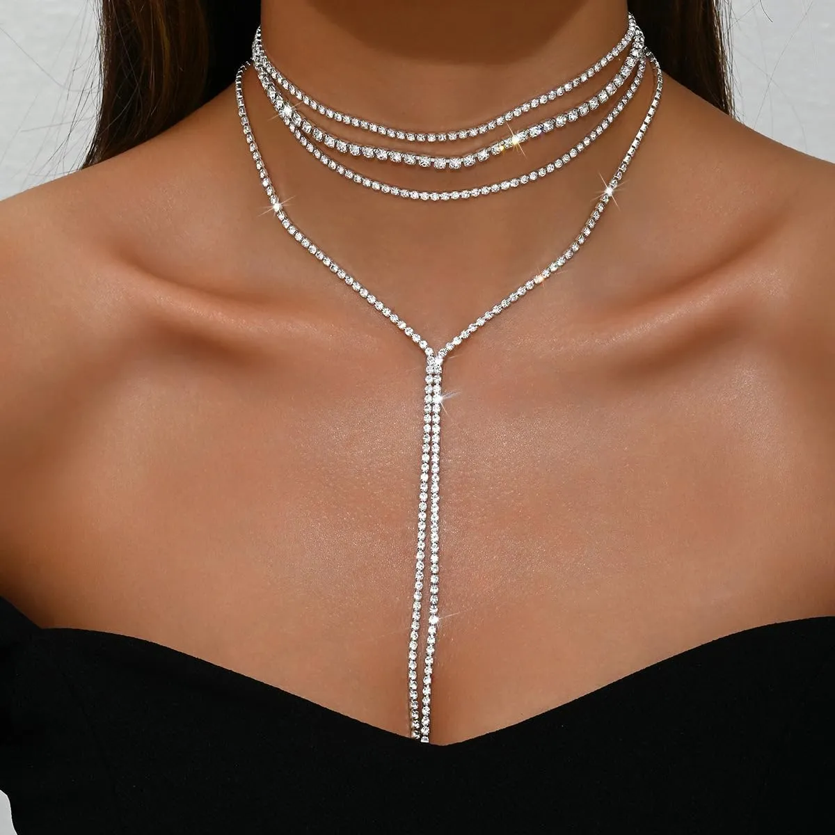 Layered Sexy Choker Necklace Rhinestone Statement Necklace Multilayered Y Long Rhinestones Choker Necklaces Long Layered Necklaces for Women