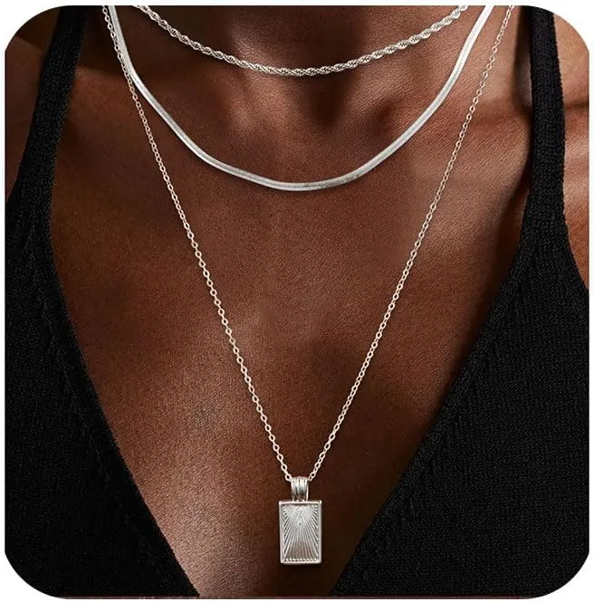 Layered Silver Necklaces for Women, Sterling Silver Stackable Stack Choker Necklaces Trendy Real Gold Plated Layering Disc Circle Pendant Chain Dainty Necklace Set Jewelry for Women