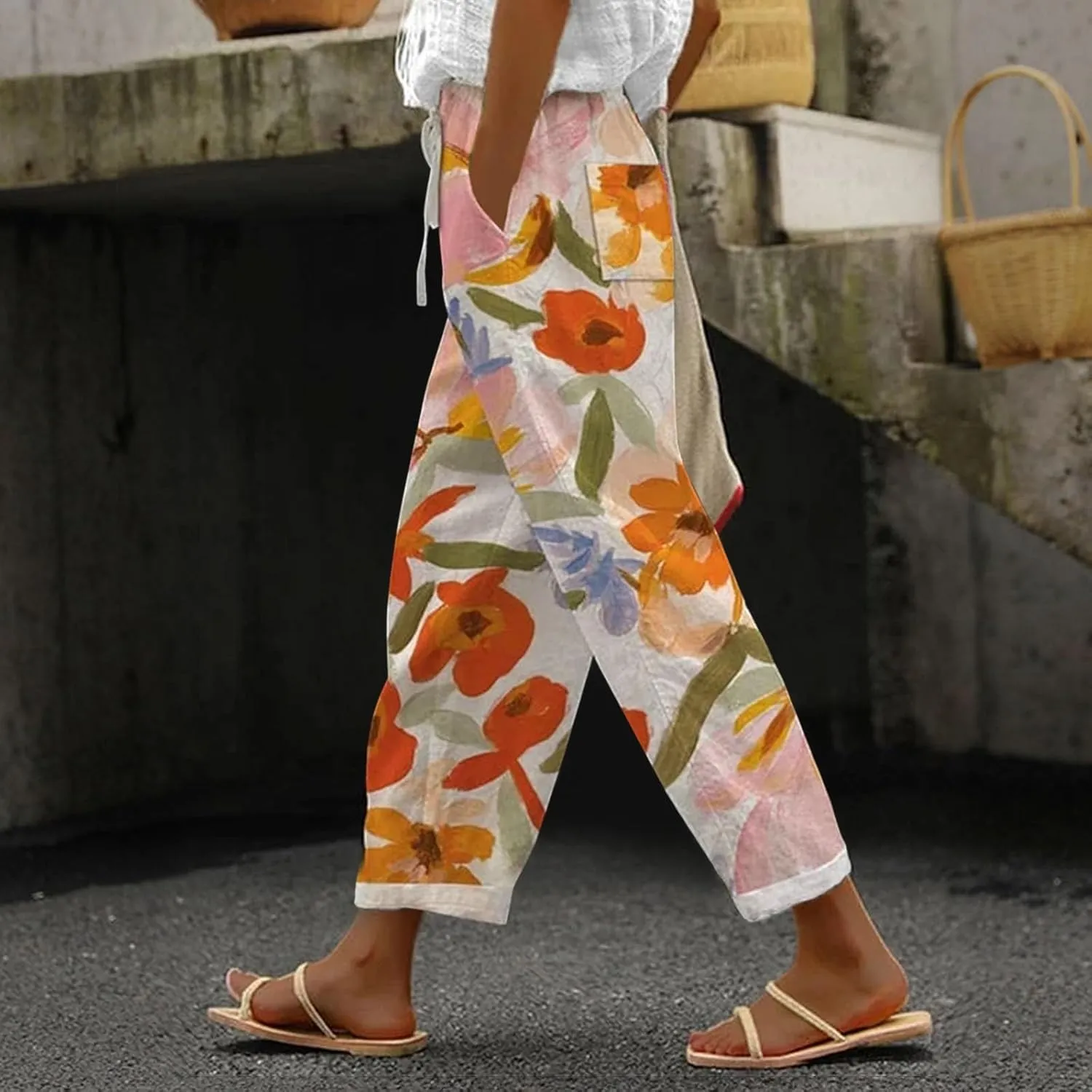 LCMTWX Capri Linen Pants for Women Drawstring Pants with Pockets Wide Leg Cropped Pants for Women Capri Pants 2025 Pants