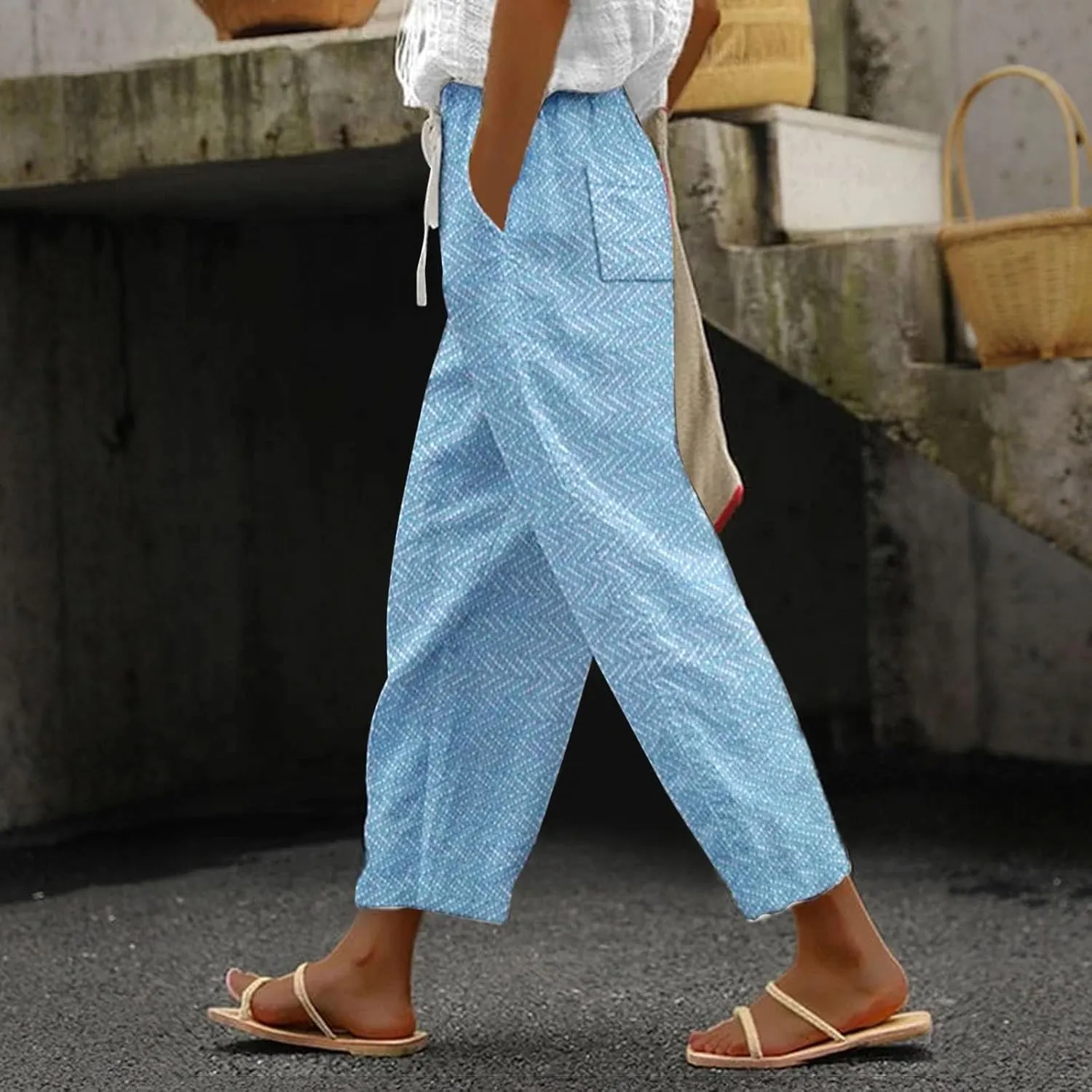 LCMTWX Capri Linen Pants for Women Drawstring Pants with Pockets Wide Leg Cropped Pants for Women Capri Pants 2025 Pants
