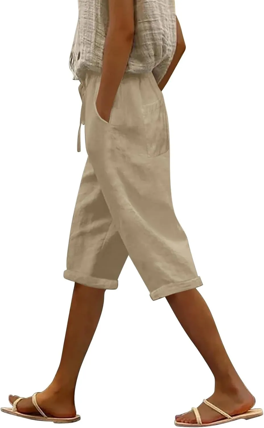 LCMTWX Womens Linen Pants Waist Pants Drawstring Pants with Pockets Wide Leg Cropped Pants for Women Capri Pants 2025 Pants