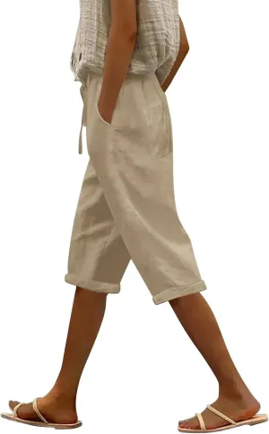 LCMTWX Womens Linen Pants Waist Pants Drawstring Pants with Pockets Wide Leg Cropped Pants for Women Capri Pants 2025 Pants