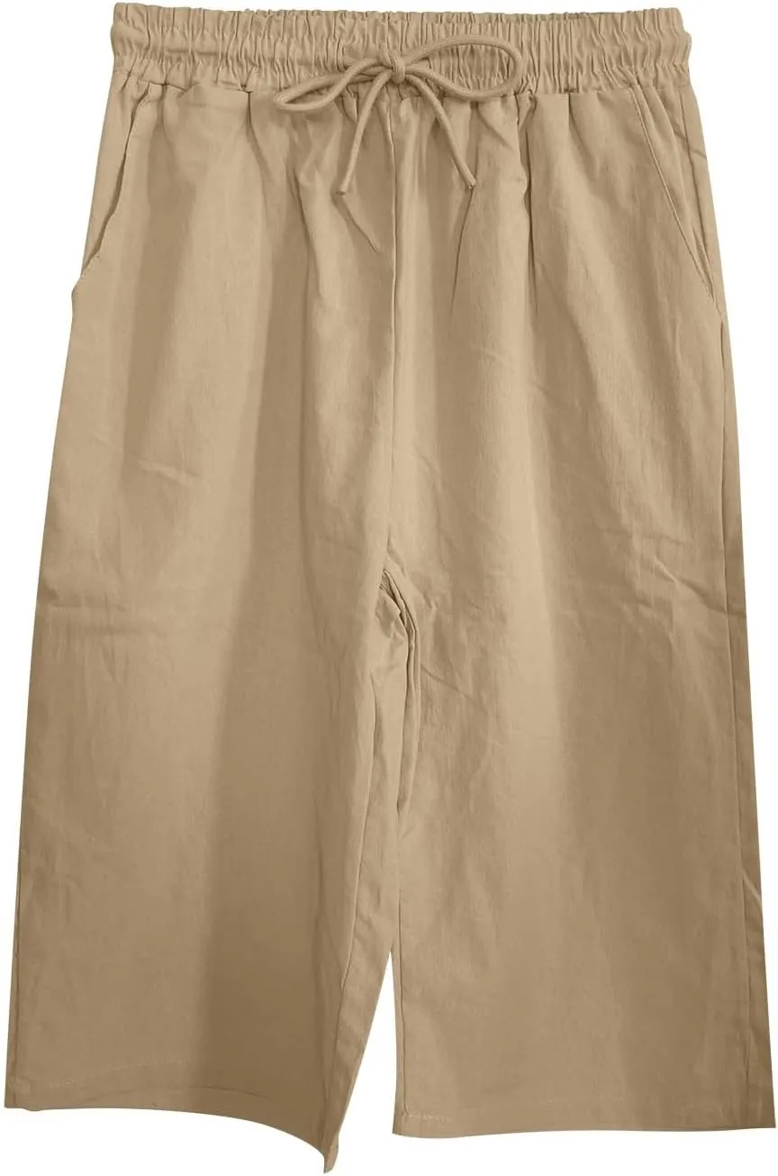 LCMTWX Womens Linen Pants Waist Pants Drawstring Pants with Pockets Wide Leg Cropped Pants for Women Capri Pants 2025 Pants
