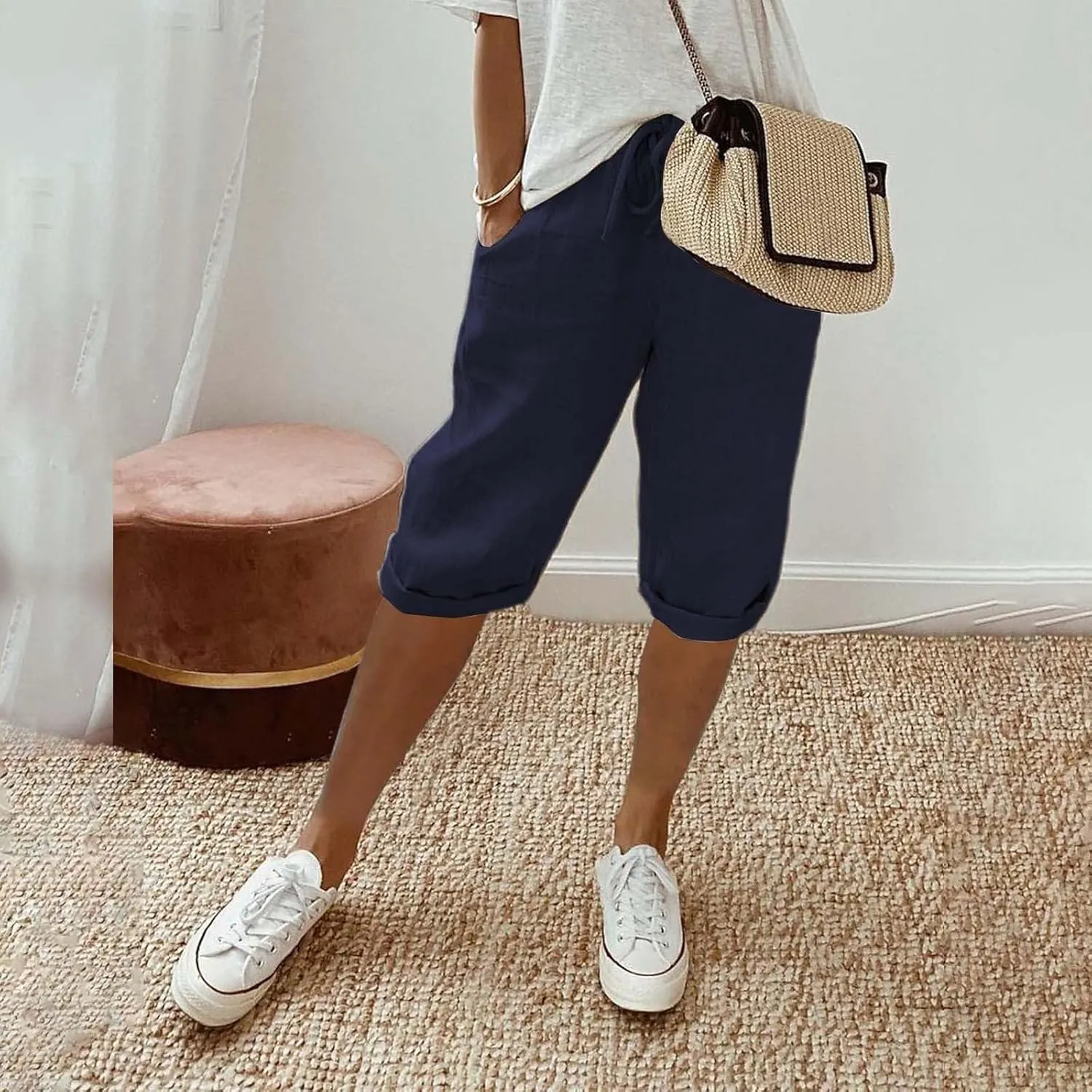 LCMTWX Womens Linen Pants Waist Pants Drawstring Pants with Pockets Wide Leg Cropped Pants for Women Capri Pants 2025 Pants