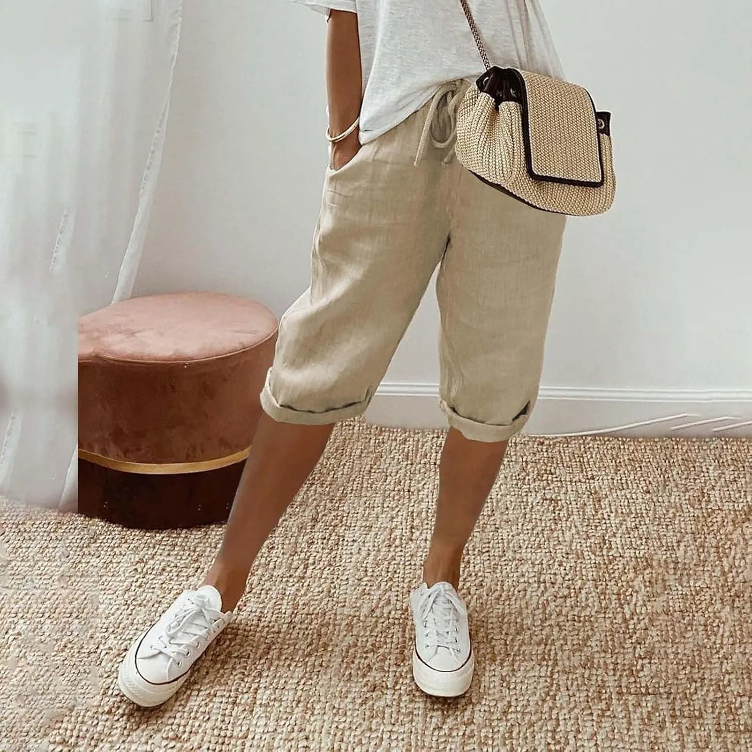 LCMTWX Womens Linen Pants Waist Pants Drawstring Pants with Pockets Wide Leg Cropped Pants for Women Capri Pants 2025 Pants